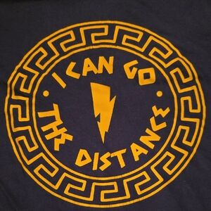 Navy Blue Graphic Tee with Yellow Design Hercules I Can Go The Distance Large.
